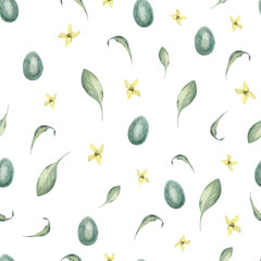 Watercolor Seamless Pattern with Easter Eggs and Leaves on White Background.