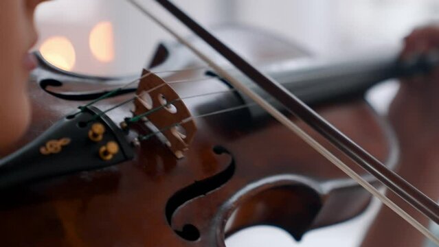 A Young Girl And Man Plays The Violin In A Beautiful Retro Room With Flowers And A Piano.