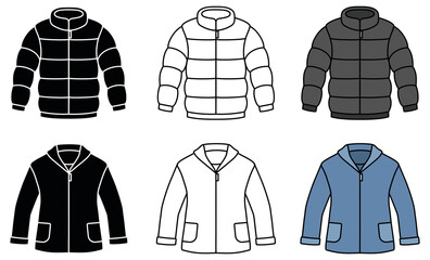 Short Jacket and Puffer Coat Clipart Set - Outline, Silhouette and Color © ATerra