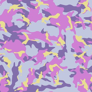  Trendy camouflage, vector seamless pattern, purple yellow spots. Stylish design. © Sanvel