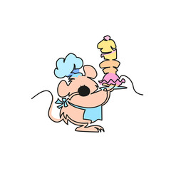 Happy little mouse with sweets. Mouse cook illustration continuous line drawing. Vector illustration.