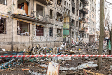 Destroyed house after a rocket attack in Kyiv, Ukraine