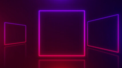 Neon square shape frame with shining effects multi-colored on black background. Glowing reflection technology backdrop