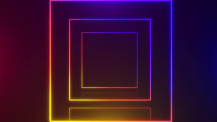 Neon square shape frame with shining effects multi-colored on black background. Glowing reflection technology backdrop
