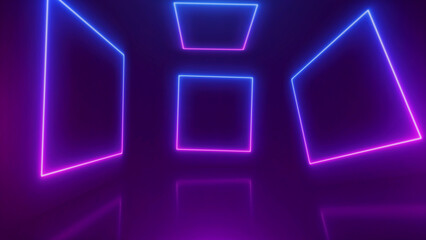 Neon square shape frame with shining effects multi-colored on black background. Glowing reflection technology backdrop