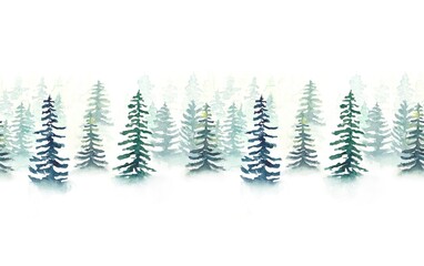 Seamless background of watercolor spruce forest in fog.