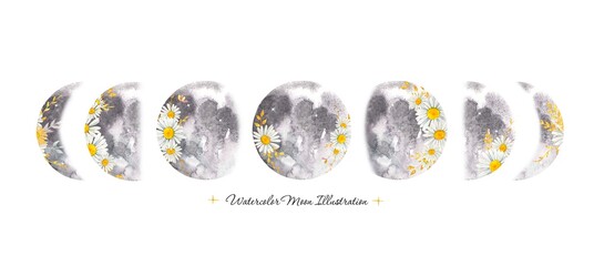 Watercolor moon phases illustration with floral golden elemetns. Isolated on white background.