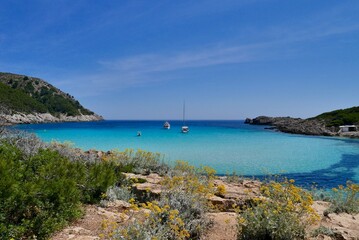 Panoramic view of Cala Torta with turquoise water. Majorca, Spain.