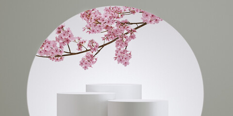 japanese style cosmetic background. podium and sakura flower spring season white background for product presentation. 3d rendering illustration.