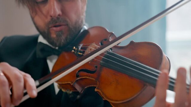 A Young Girl And Man Plays The Violin In A Beautiful Retro Room With Flowers And A Piano.