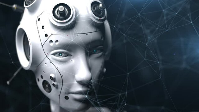 robot head shot in three-quarter . robot watching what is happening . the concept of technology or artificial intelligence. 3d animation contains a loop of animation