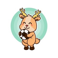 Obraz na płótnie Canvas happy deer play football soccer adorable cartoon doodle vector illustration flat design style