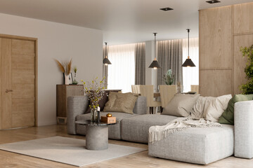 Wooden realistic interior design. Living room interior. 3D illustration