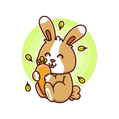 happy rabbit eat carrot adorable cartoon doodle vector illustration flat design style