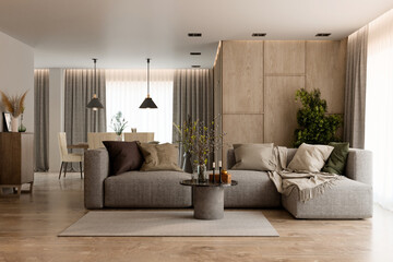 Wooden realistic interior design. Living room interior. 3D illustration