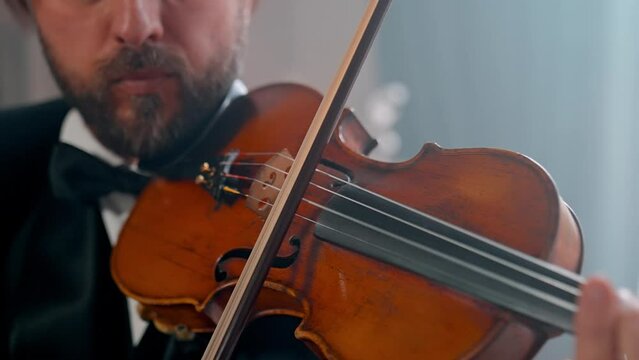 A Young Girl And Man Plays The Violin In A Beautiful Retro Room With Flowers And A Piano.