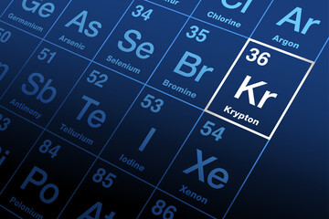 Krypton on the periodic table of the elements. Noble gas with symbol Kr from Greek kryptos, the hidden one, with atomic number 36. Glowing white, often used with other rare gases in fluorescent lamps.