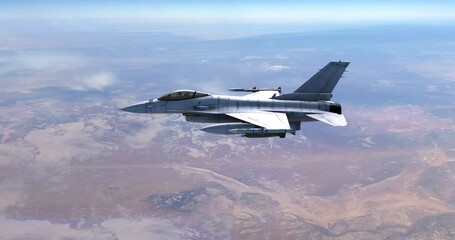 Military Fighter Jet Flying In The Sky. High Above The Clouds. War And Air Force Related 4K Motion.
