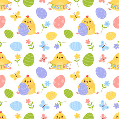 Seamless vector pattern with cute chickens, butterflies, flowers and easter eggs.