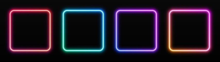 Gradient neon square frames set. Glowing borders isolated on a dark background. Colorful night banner, vector light effect. Bright illuminated shape. - obrazy, fototapety, plakaty