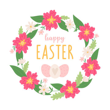 Happy easter. Easter card template. Bright wreath of flowers and an inscription.