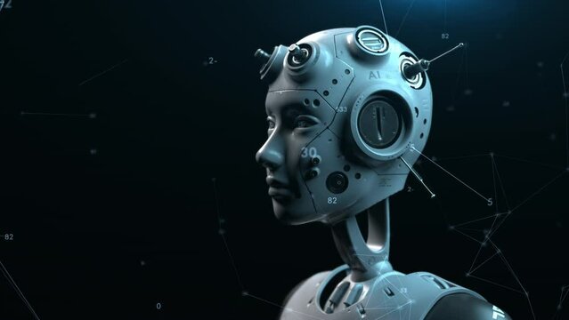 the robot filmed in three quarters observes about what is happening. in the space flies random code concept technology or artificial intelligence. 3d animation has an animation loop
