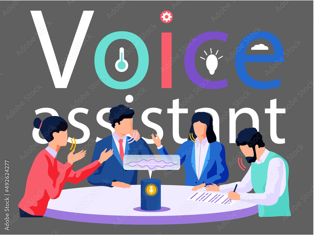 Poster smart speaker with virtual assistant concept, sound robot, people sitting near speaker using modern 