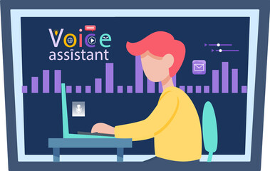 Voice assistant software agent perform tasks for user. Speaker recognition, vote controlled smart speaker. Man voice activated digital assistants, identification. Virtual assistant, sound robot