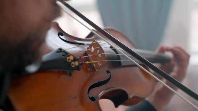 A Young Girl And Man Plays The Violin In A Beautiful Retro Room With Flowers And A Piano.