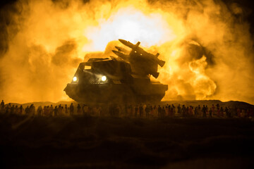 Creative artwork decoration war on Ukraine. Crowd looking on giant explosion and attacking soldiers.