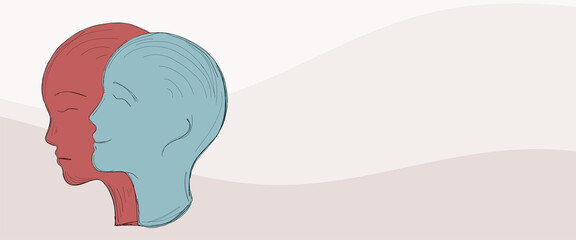 Metaphor bipolar disorder mind mental. Double face. Split personality. Concept mood disorder. 2 Head silhouette.Psychology. Dual personality concept. Mental health. Copy space