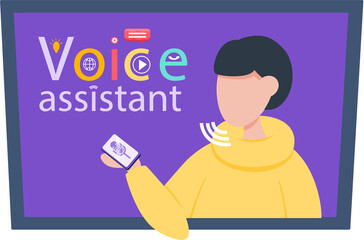 Voice assistant software agent perform tasks for user. Speaker recognition, vote controlled smart speaker. Man voice activated digital assistants, identification. Virtual assistant, sound robot