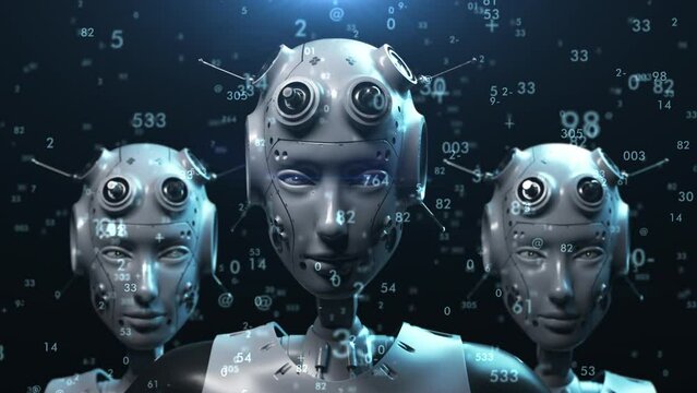 Three robots stand looking at the viewer watching what is happening. random numbers fly around in space, the concept of technology and artificial intelligence. 3D animation contains a loop