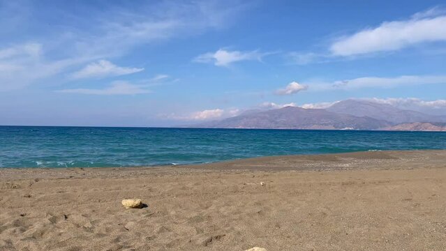 Komos beach in the south of Crete in Greece. With its golden sand stretches for more than four kilometres on the western edge of the fertile Messara plain