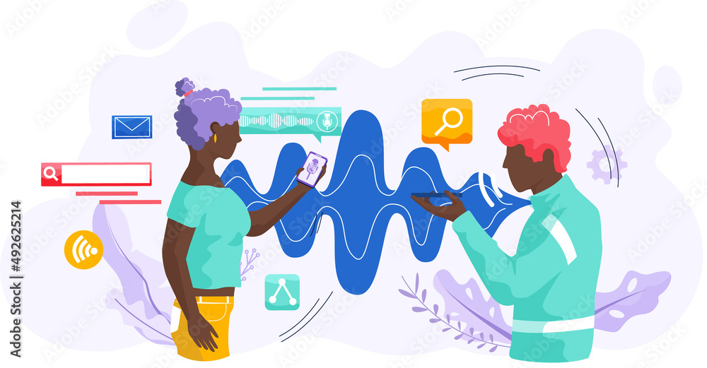 Poster voice assistant. smart speaker virtual assistant, sound robot, people using voice controlled smart s