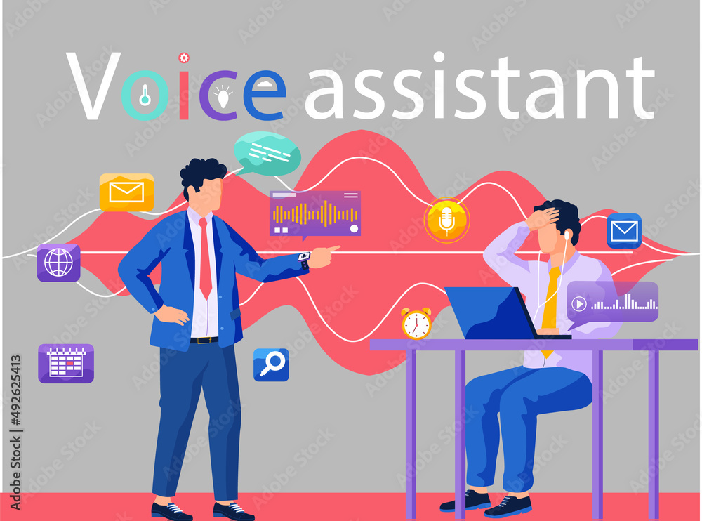 Poster voice assistant and speech recognition application. men with laptop communicate make sound recording