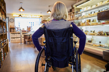 Rear View Of Woman In Wheelchair Shopping For Food In Delicatessen