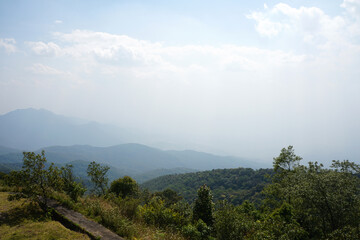 Beautiful view of mountains and bright blue skies in Northern Thailand. copy space.	