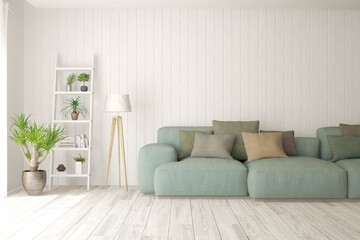 Fototapeta premium White living room with sofa. Scandinavian interior design. 3D illustration