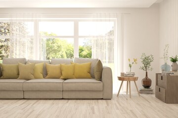 White living room with sofa and summer landscape in window. Scandinavian interior design. 3D illustration