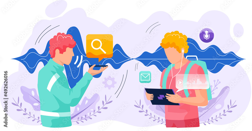Poster voice assistant. smart speaker virtual assistant, sound robot, people using voice controlled smart s
