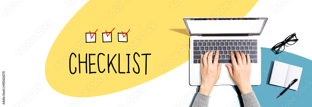 Poster checklist with person using a laptop computer