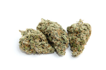 Marijuana buds closeup. Medicinal cannabis flowering on white background, isolated. Hemp recreation, medical usage, legalization.