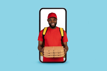 Food Delivery App. Black Courier Guy With Pizza Looking Out Of Smartphone - obrazy, fototapety, plakaty