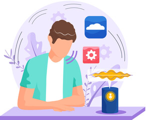 Voice assistant software agent perform tasks for user. Speaker recognition, vote controlled smart speaker. Man voice activated digital assistants, identification. Virtual assistant, sound robot