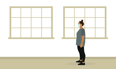 A female character in sportswear and a medical mask stands alone in the gym