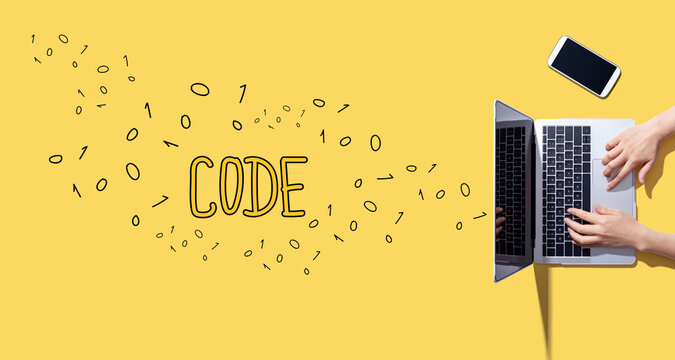 Code with person working with a laptop