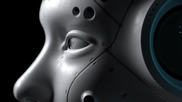 robot head. the camera moves slowly from close-up to overall showing the robot. concepts of technology and artificial intelligence. 3D animation contains an alpha channel