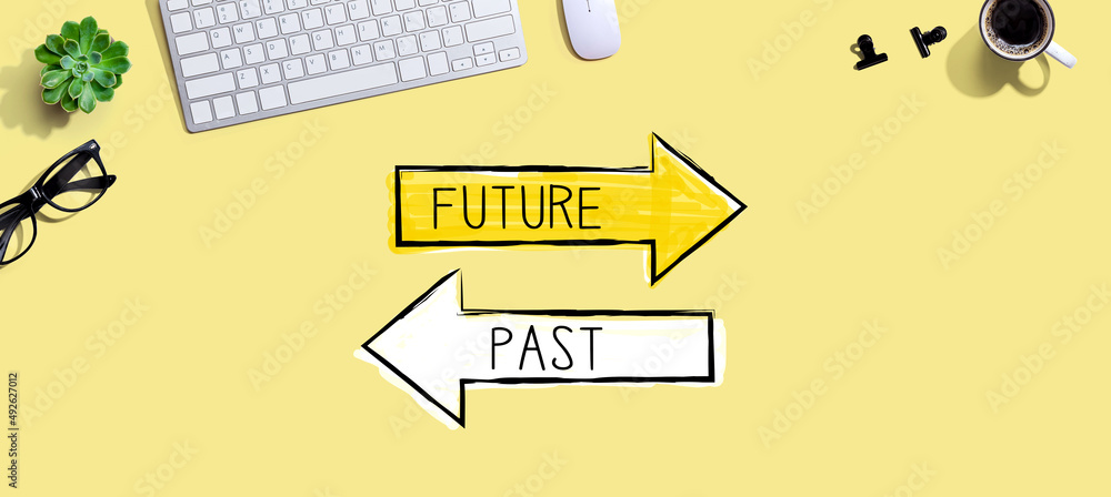 Poster future or past with a computer keyboard and a mouse