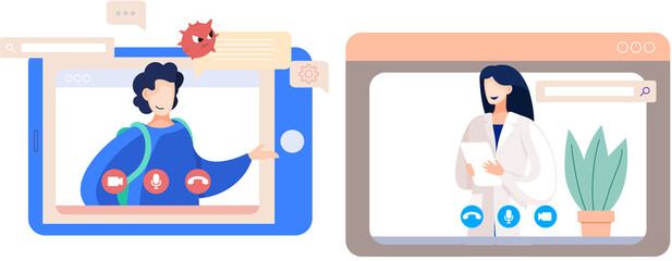 Online doctor conference, consultation via your smartphone. Concept for medical app and websites. Remote meetings of scientists conferring on fight against viruses and scientific researches